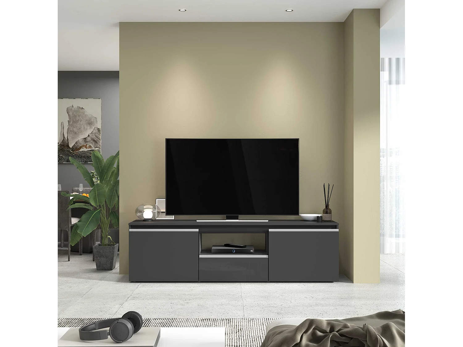 Mobile porta tv Magic a 2 ante e 1 cassetto antracite lucido 180x40x50 cm