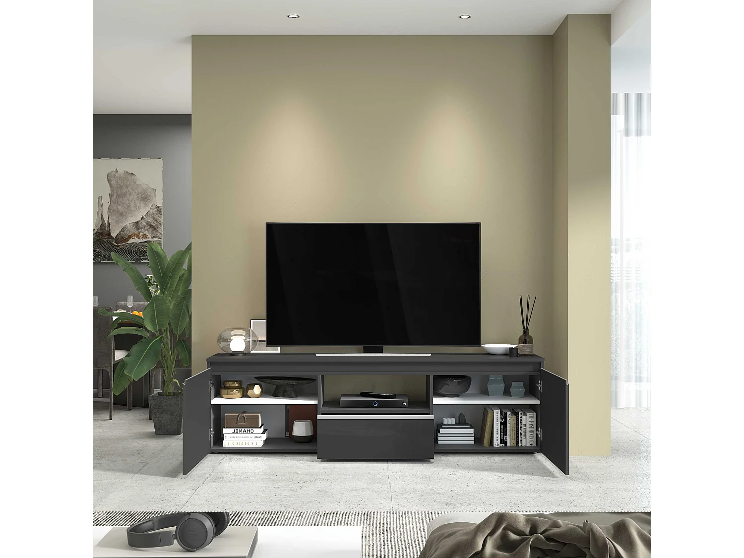 Mobile porta tv Magic a 2 ante e 1 cassetto antracite lucido 180x40x50 cm