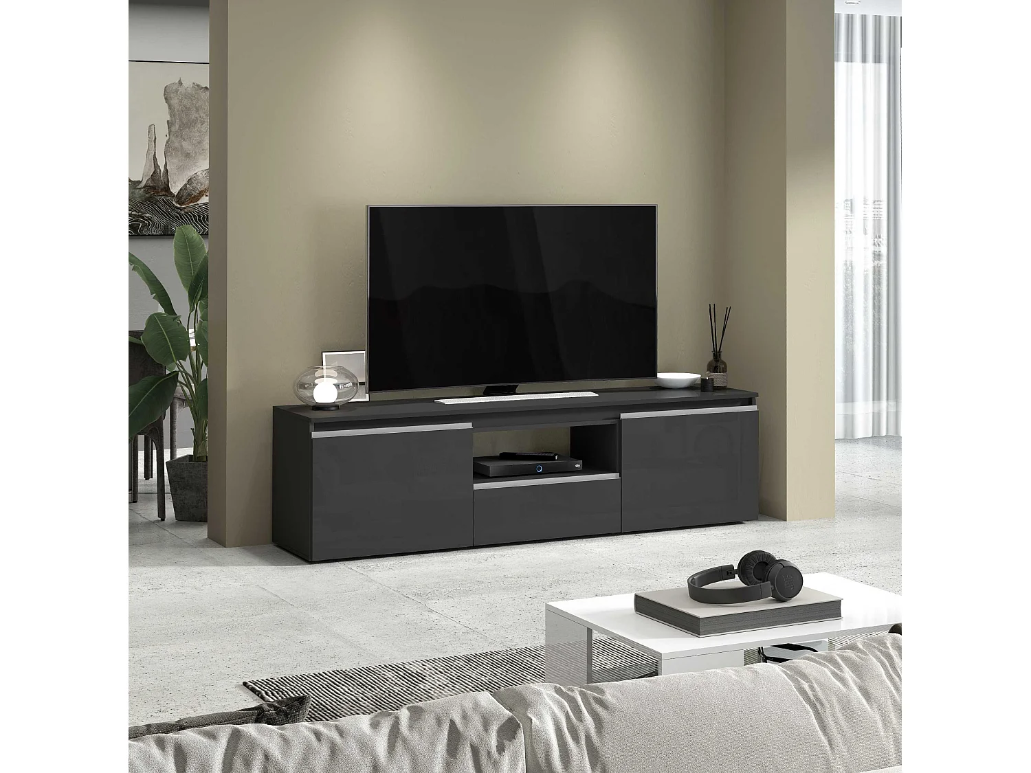 Mobile porta tv Magic a 2 ante e 1 cassetto antracite lucido 180x40x50 cm