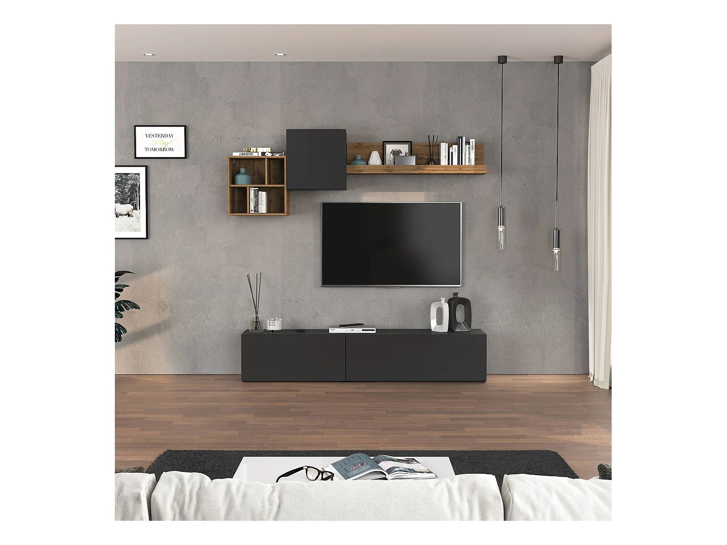 Parete attrezzata Chronos set soggiorno Antracite Opaco e Rovere 180/260x40 cm