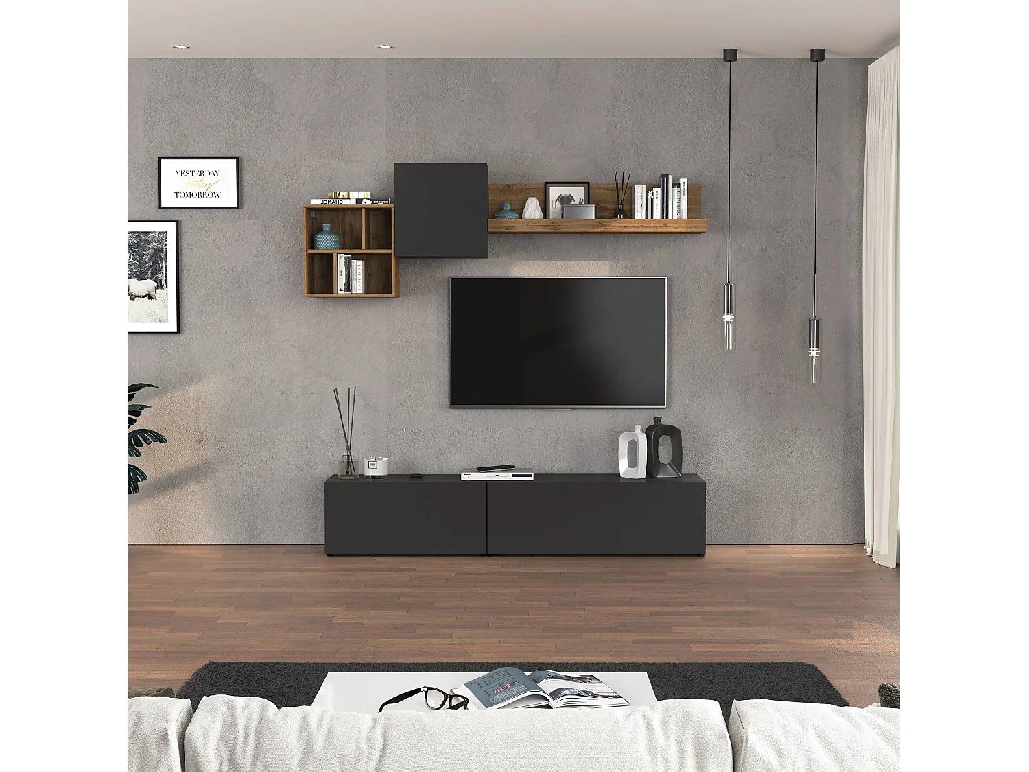Parete attrezzata Chronos set soggiorno Antracite Opaco e Rovere 180/260x40 cm