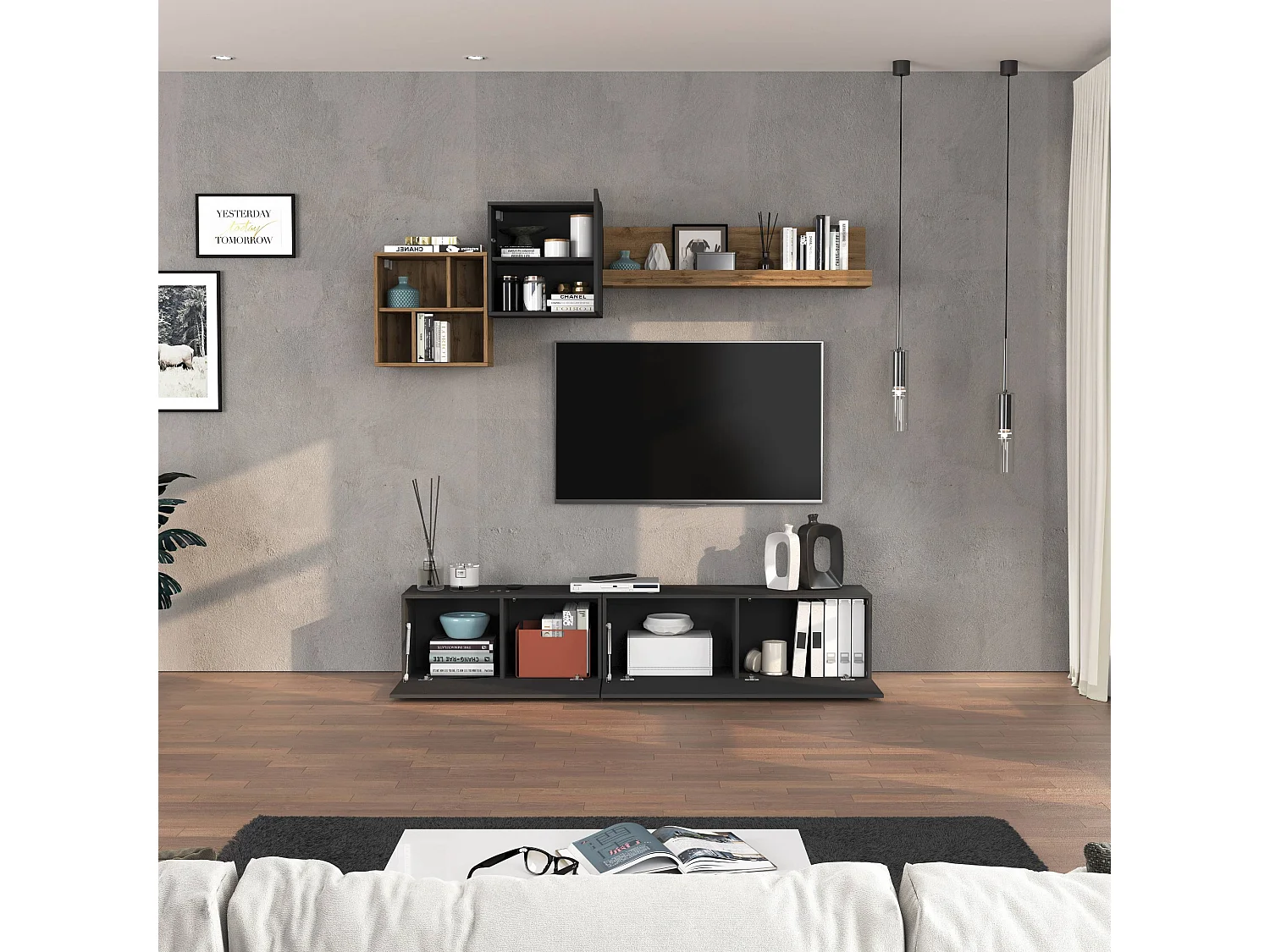 Parete attrezzata Chronos set soggiorno Antracite Opaco e Rovere 180/260x40 cm