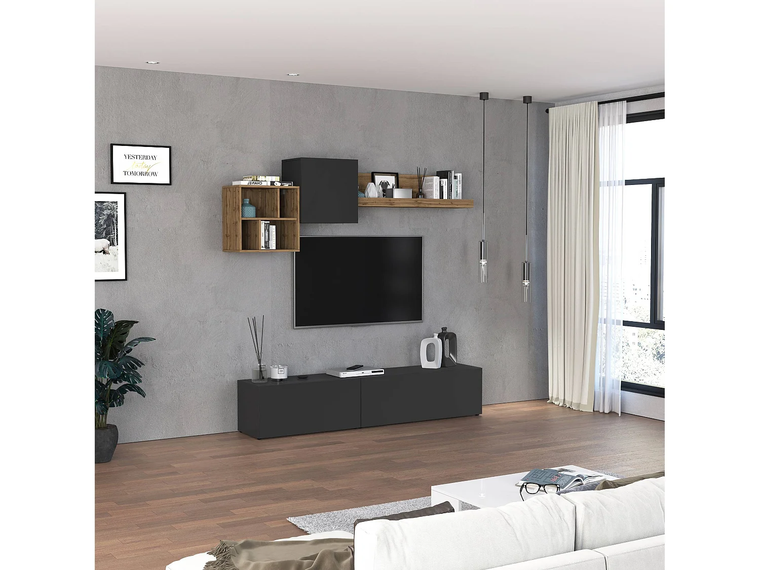 Parete attrezzata Chronos set soggiorno Antracite Opaco e Rovere 180/260x40 cm