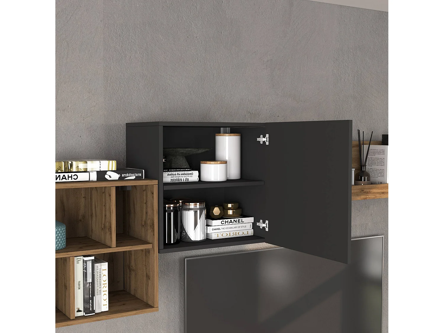 Parete attrezzata Chronos set soggiorno Antracite Opaco e Rovere 180/260x40 cm