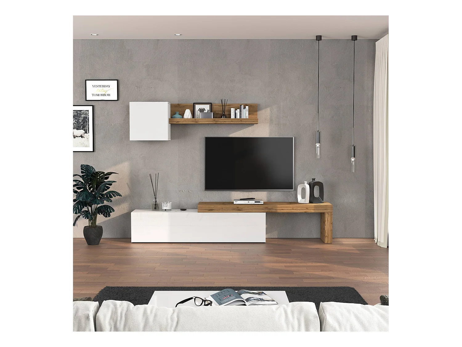 Parete attrezzata Chronos set soggiorno bianco lucido e rovere 190/350x40 cm