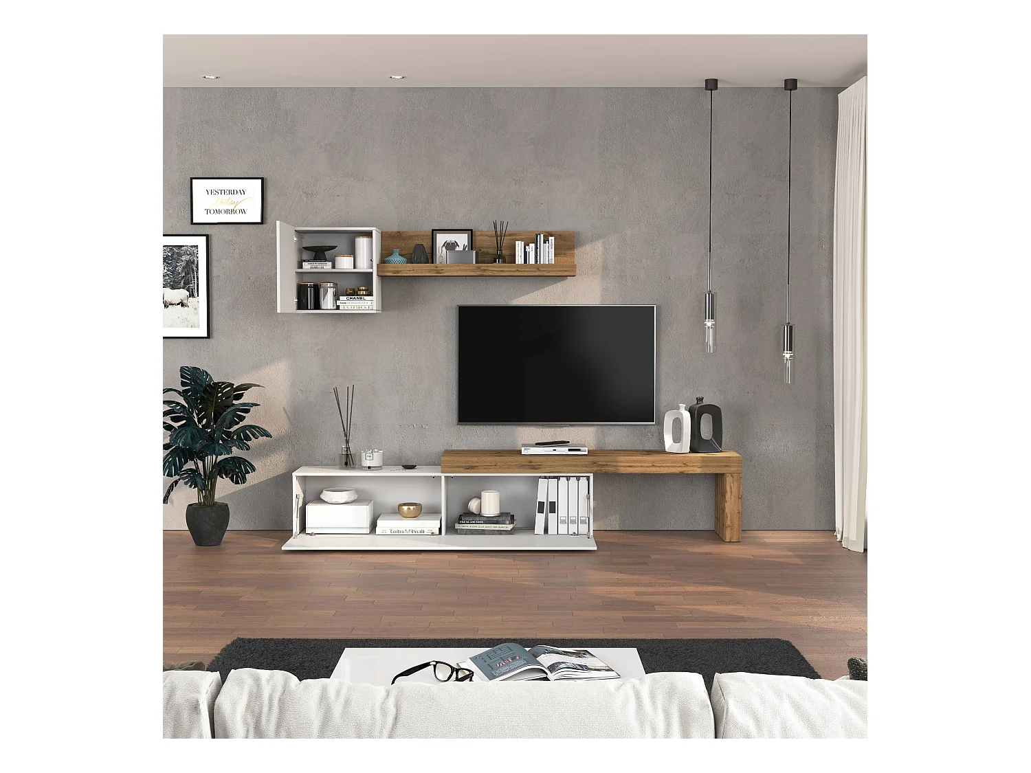 Parete attrezzata Chronos set soggiorno bianco lucido e rovere 190/350x40 cm