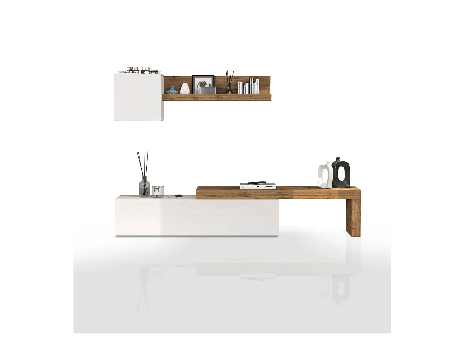 Parete attrezzata Chronos set soggiorno bianco lucido e rovere 190/350x40 cm