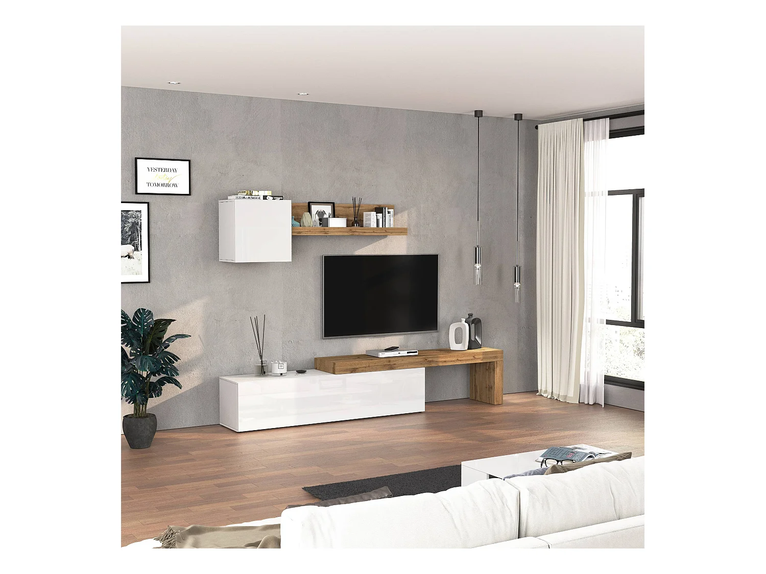 Parete attrezzata Chronos set soggiorno bianco lucido e rovere 190/350x40 cm