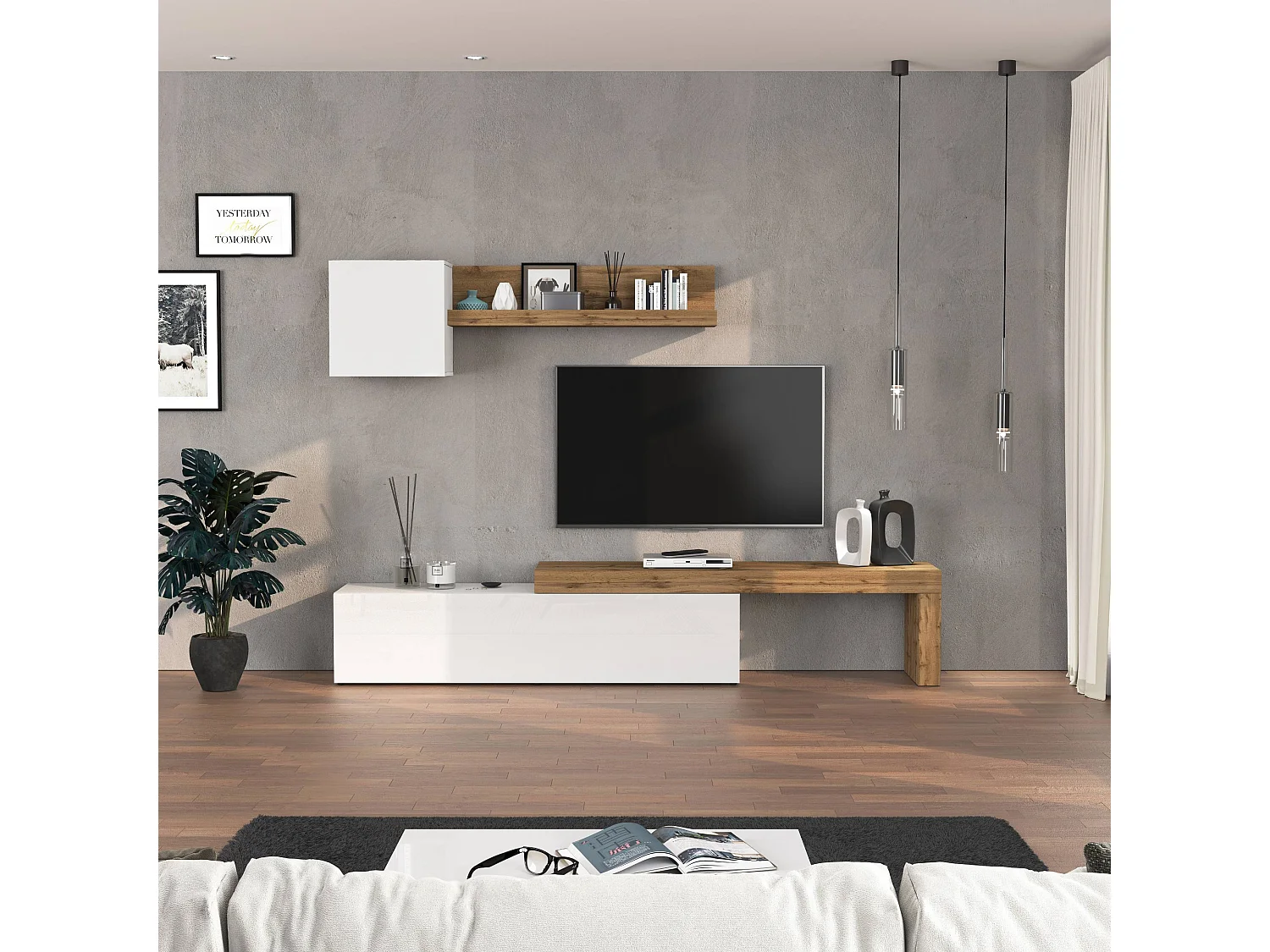 Parete attrezzata Chronos set soggiorno bianco lucido e rovere 190/350x40 cm