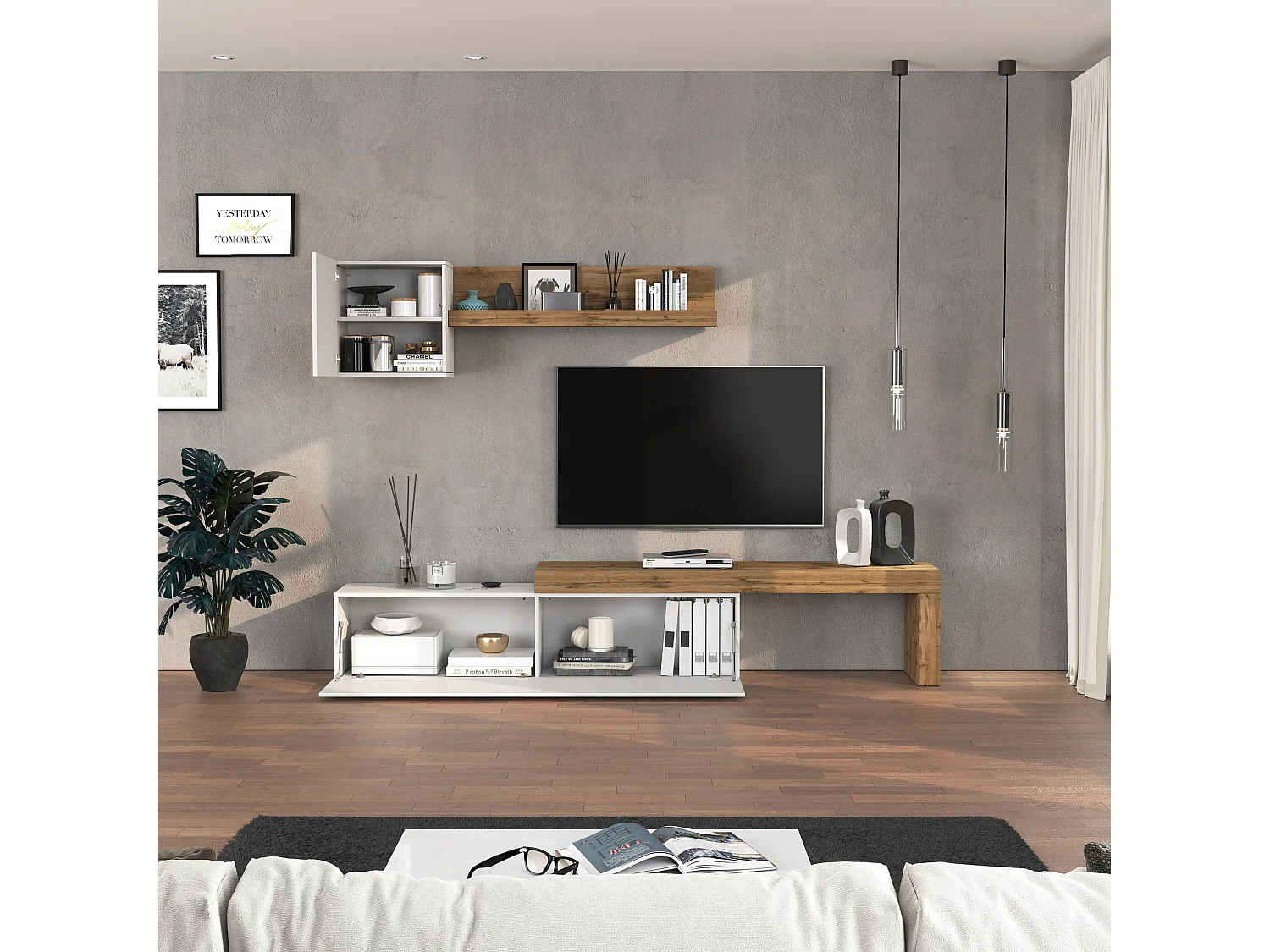 Parete attrezzata Chronos set soggiorno bianco lucido e rovere 190/350x40 cm