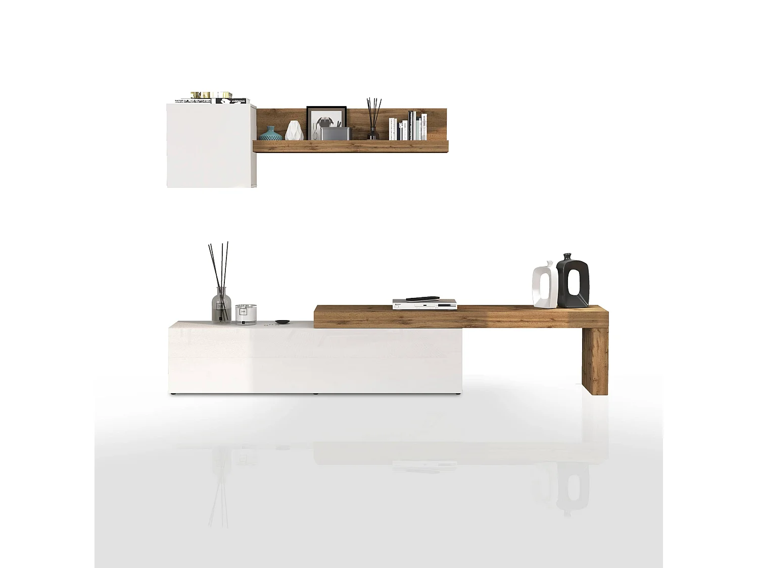 Parete attrezzata Chronos set soggiorno bianco lucido e rovere 190/350x40 cm