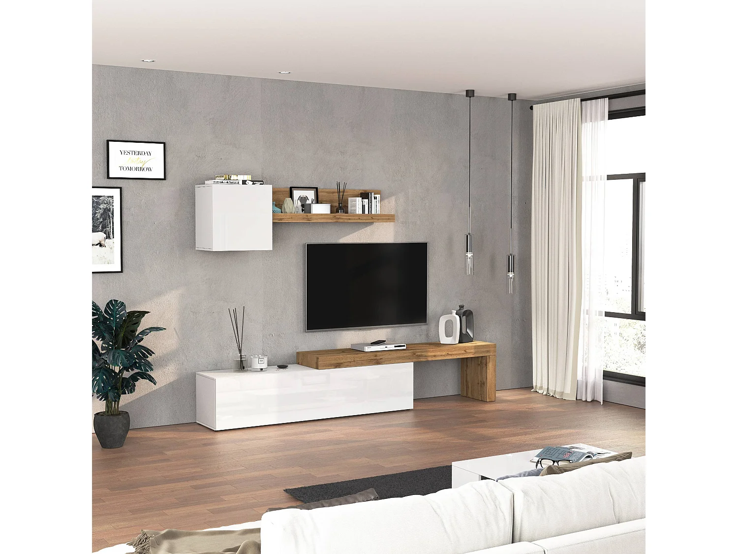 Parete attrezzata Chronos set soggiorno bianco lucido e rovere 190/350x40 cm