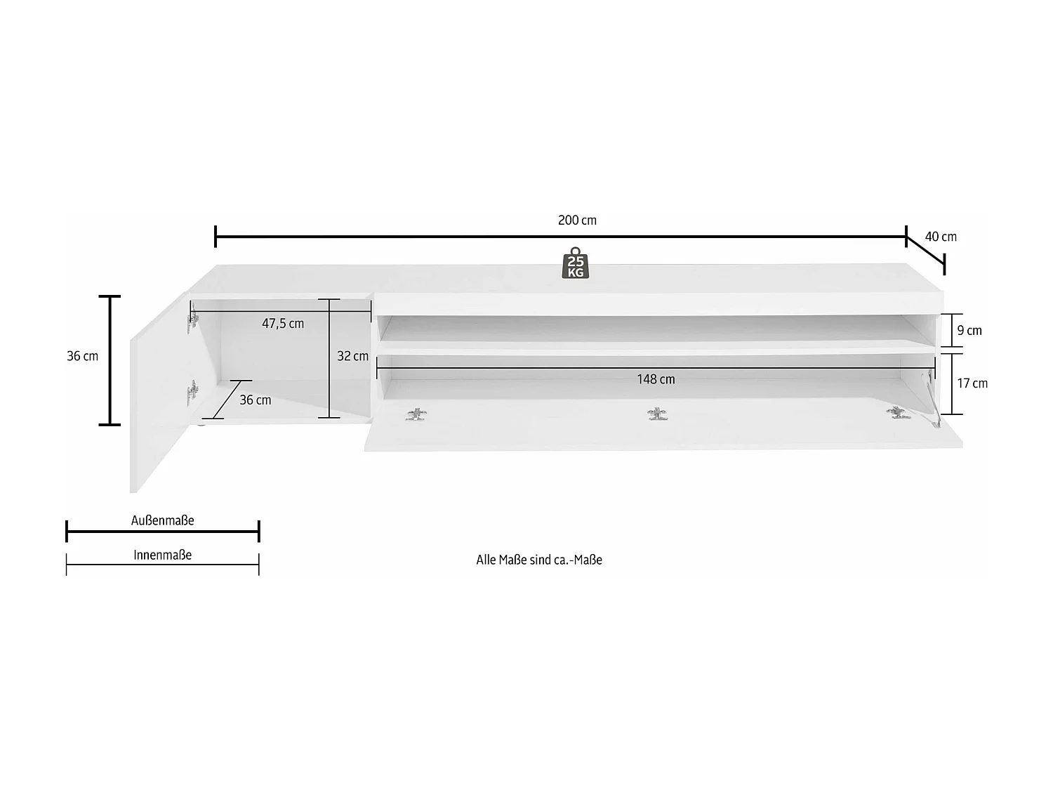 Mobile porta tv Potenza con 2 ante e 2 vani bianco lucido 200x40x36 cm