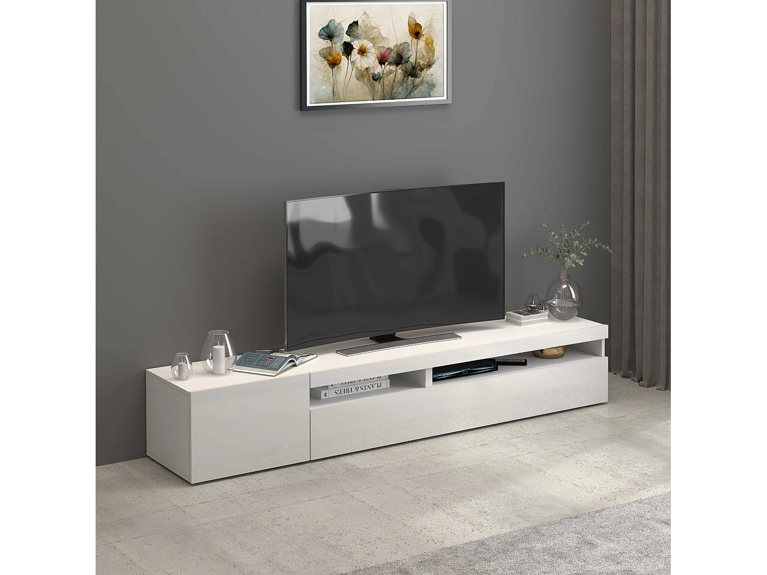 Mobile porta tv Potenza con 2 ante e 2 vani bianco lucido 200x40x36 cm