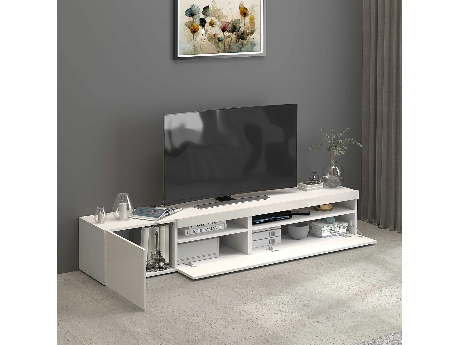 Mobile porta tv Potenza con 2 ante e 2 vani bianco lucido 200x40x36 cm
