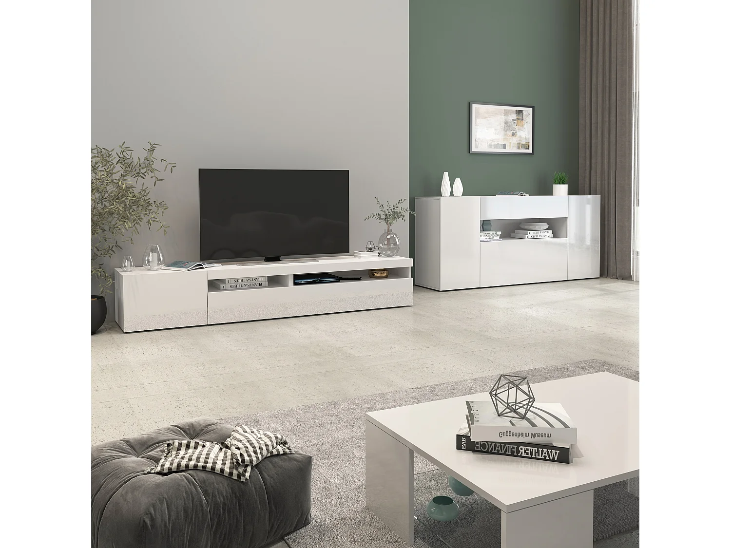 Mobile porta tv Potenza con 2 ante e 2 vani bianco lucido 200x40x36 cm