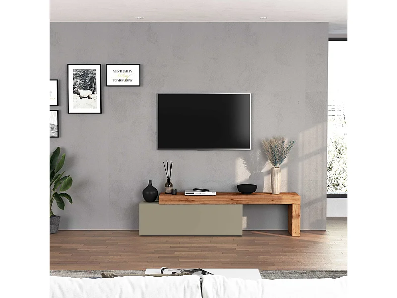 Mobile porta tv Chronos estensibile con 1 anta a ribalta tortora/rovere 180/290x40x51 cm