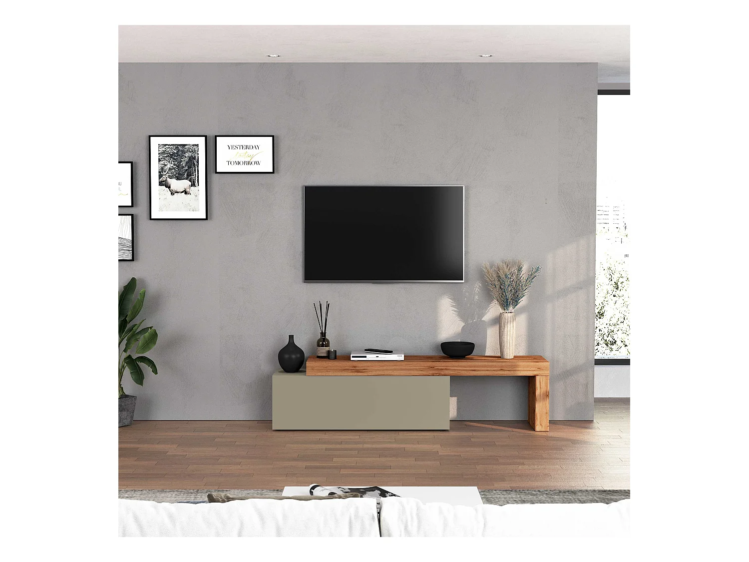 Mobile porta tv Chronos estensibile con 1 anta a ribalta tortora/rovere 180/290x40x51 cm