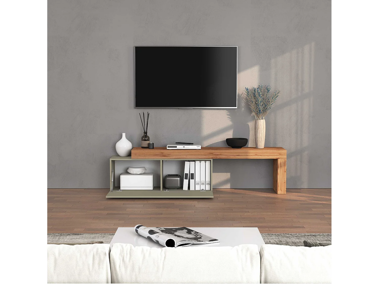 Mobile porta tv Chronos estensibile con 1 anta a ribalta tortora/rovere 180/290x40x51 cm