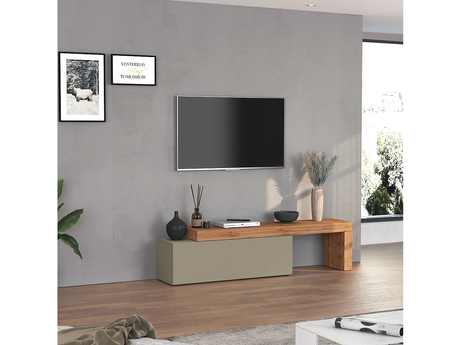 Mobile porta tv Chronos estensibile con 1 anta a ribalta tortora/rovere 180/290x40x51 cm