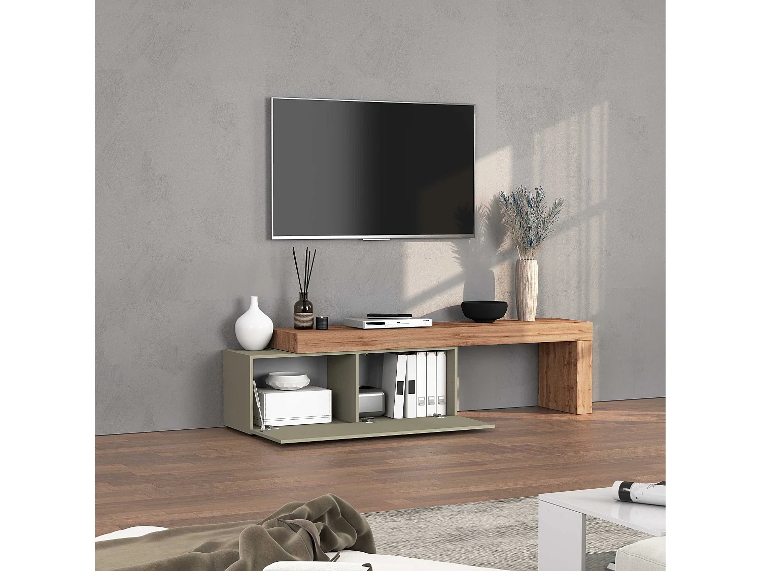 Mobile porta tv Chronos estensibile con 1 anta a ribalta tortora/rovere 180/290x40x51 cm