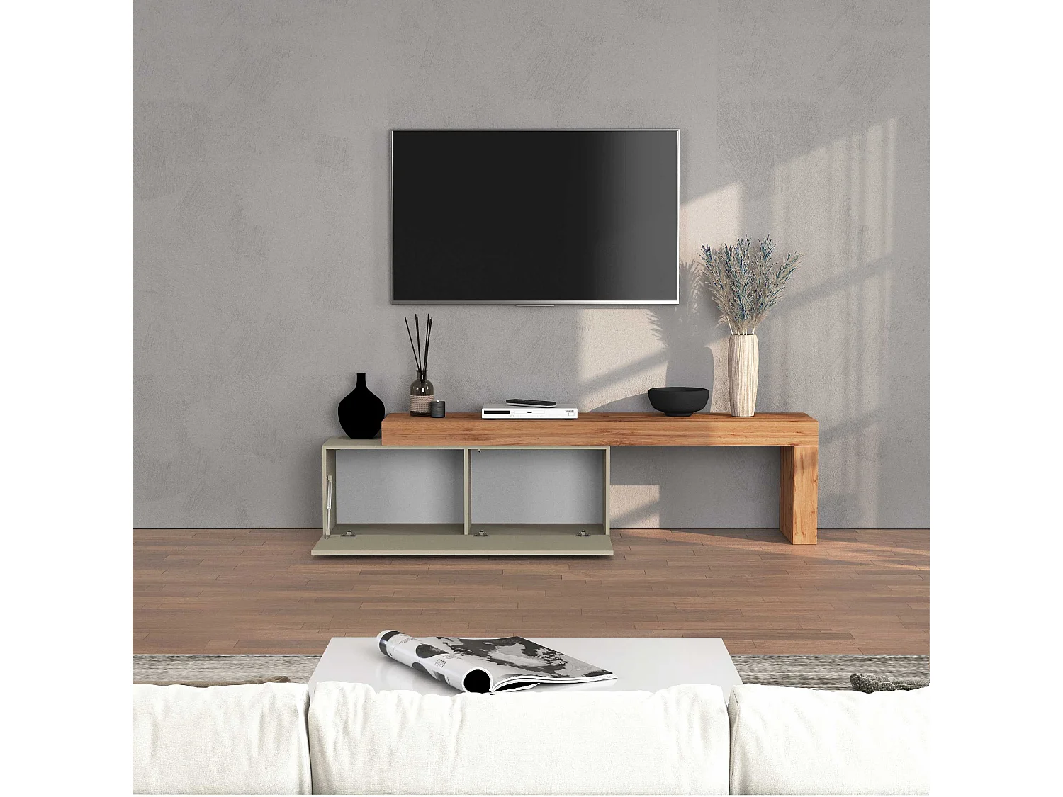 Mobile porta tv Chronos estensibile con 1 anta a ribalta tortora/rovere 180/290x40x51 cm