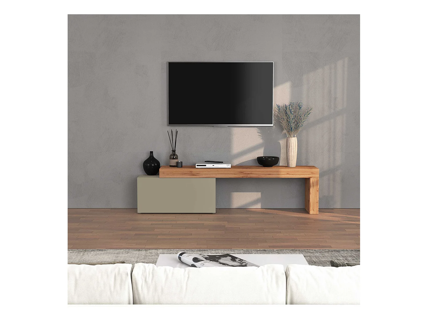 Mobile porta tv Chronos estensibile con 1 anta a ribalta tortora/rovere 180/260x40x51 cm