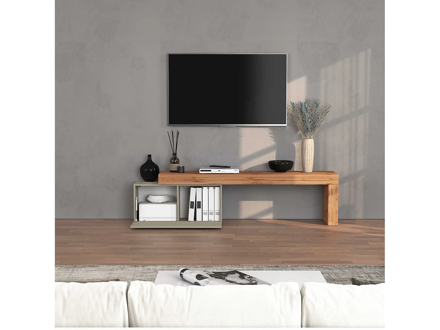 Mobile porta tv Chronos estensibile con 1 anta a ribalta tortora/rovere 180/260x40x51 cm