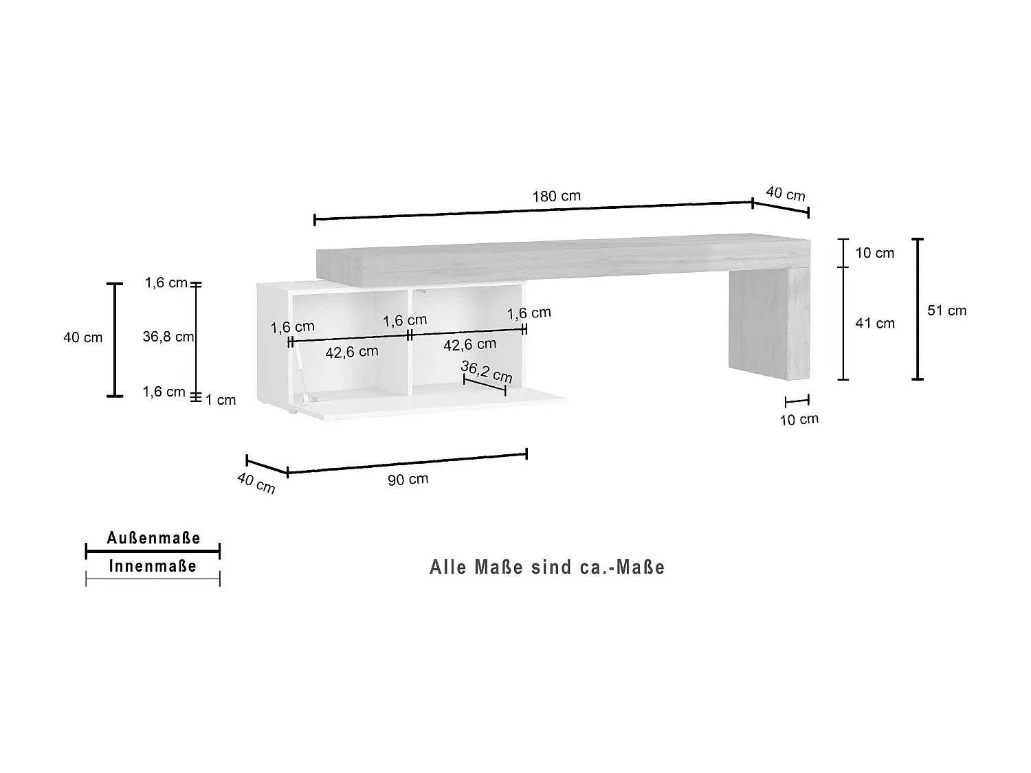 Mobile porta tv Chronos estensibile con 1 anta a ribalta tortora/rovere 180/260x40x51 cm