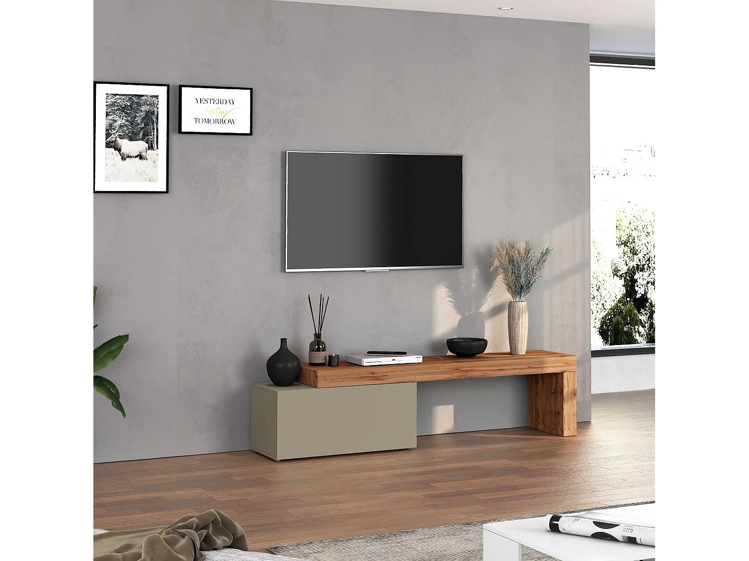 Mobile porta tv Chronos estensibile con 1 anta a ribalta tortora/rovere 180/260x40x51 cm