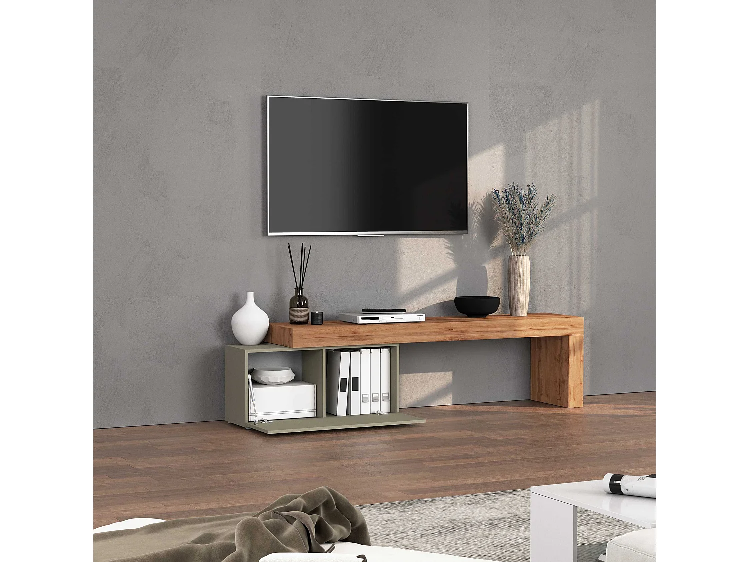 Mobile porta tv Chronos estensibile con 1 anta a ribalta tortora/rovere 180/260x40x51 cm