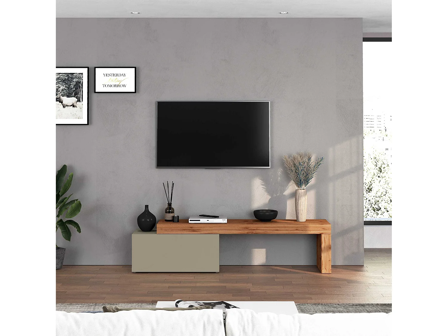 Mueble TV Chronos extensible con 1 puerta abatible topo/roble 180/260x40x51 cm