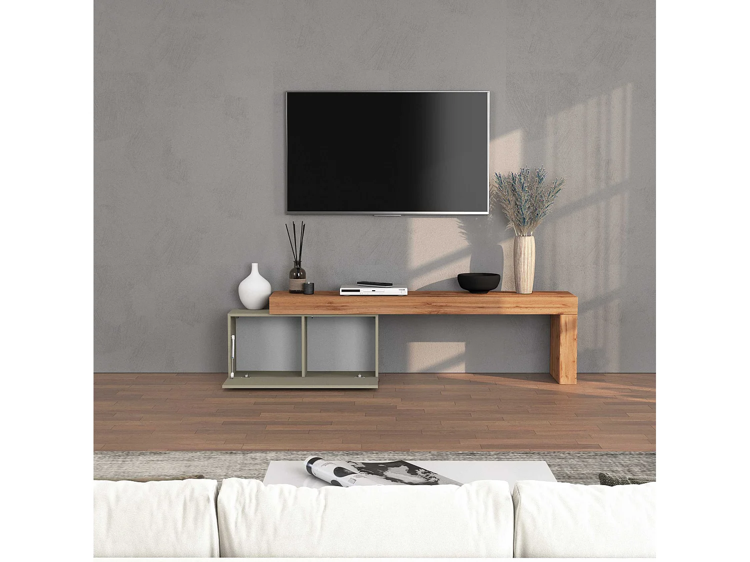 Mueble TV Chronos extensible con 1 puerta abatible topo/roble 180/260x40x51 cm