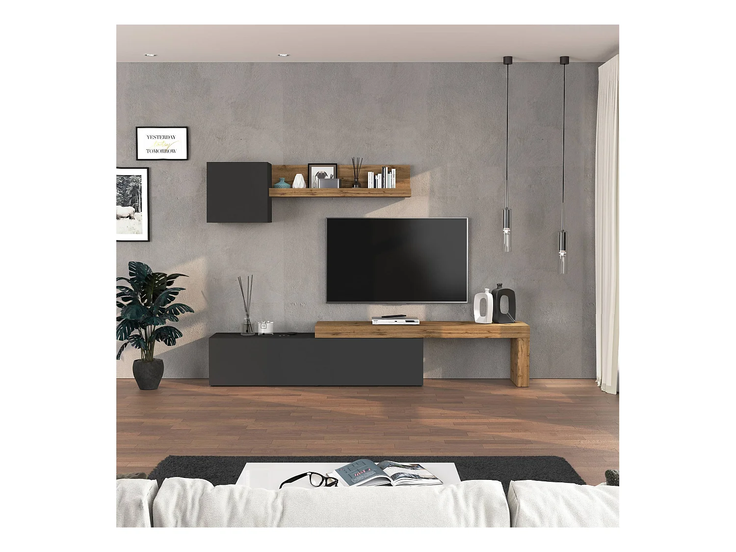 Parete attrezzata Chronos set soggiorno antracite opaco e rovere 190/350x40 cm