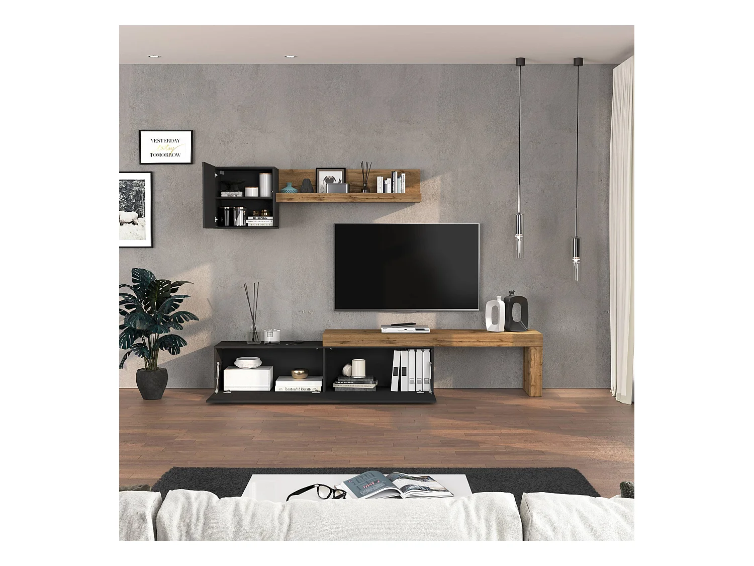 Parete attrezzata Chronos set soggiorno antracite opaco e rovere 190/350x40 cm