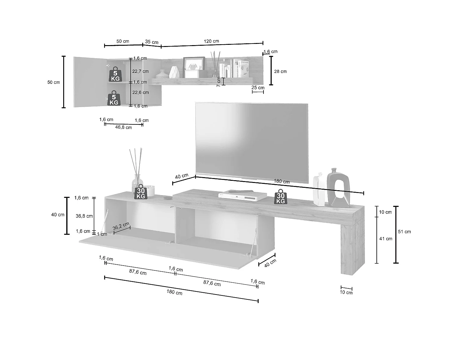 Parete attrezzata Chronos set soggiorno antracite opaco e rovere 190/350x40 cm