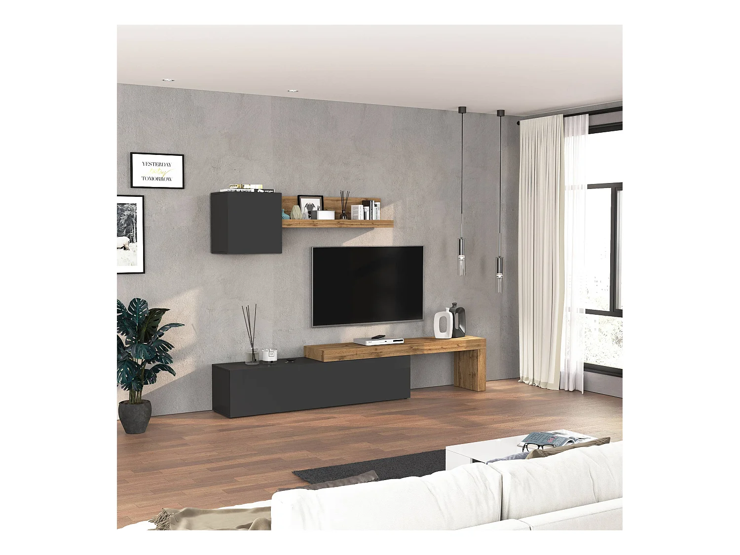 Parete attrezzata Chronos set soggiorno antracite opaco e rovere 190/350x40 cm