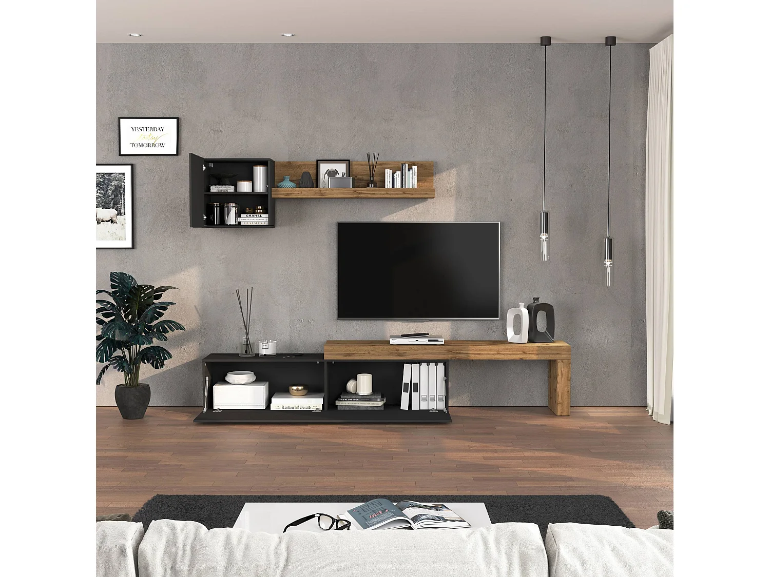 Parete attrezzata Chronos set soggiorno antracite opaco e rovere 190/350x40 cm