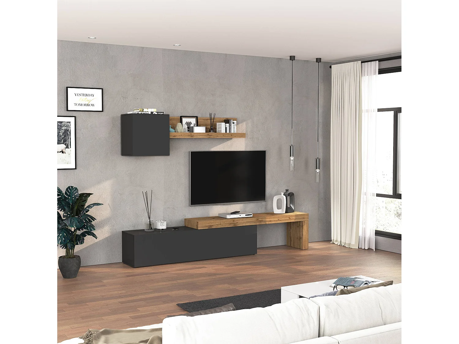 Parete attrezzata Chronos set soggiorno antracite opaco e rovere 190/350x40 cm