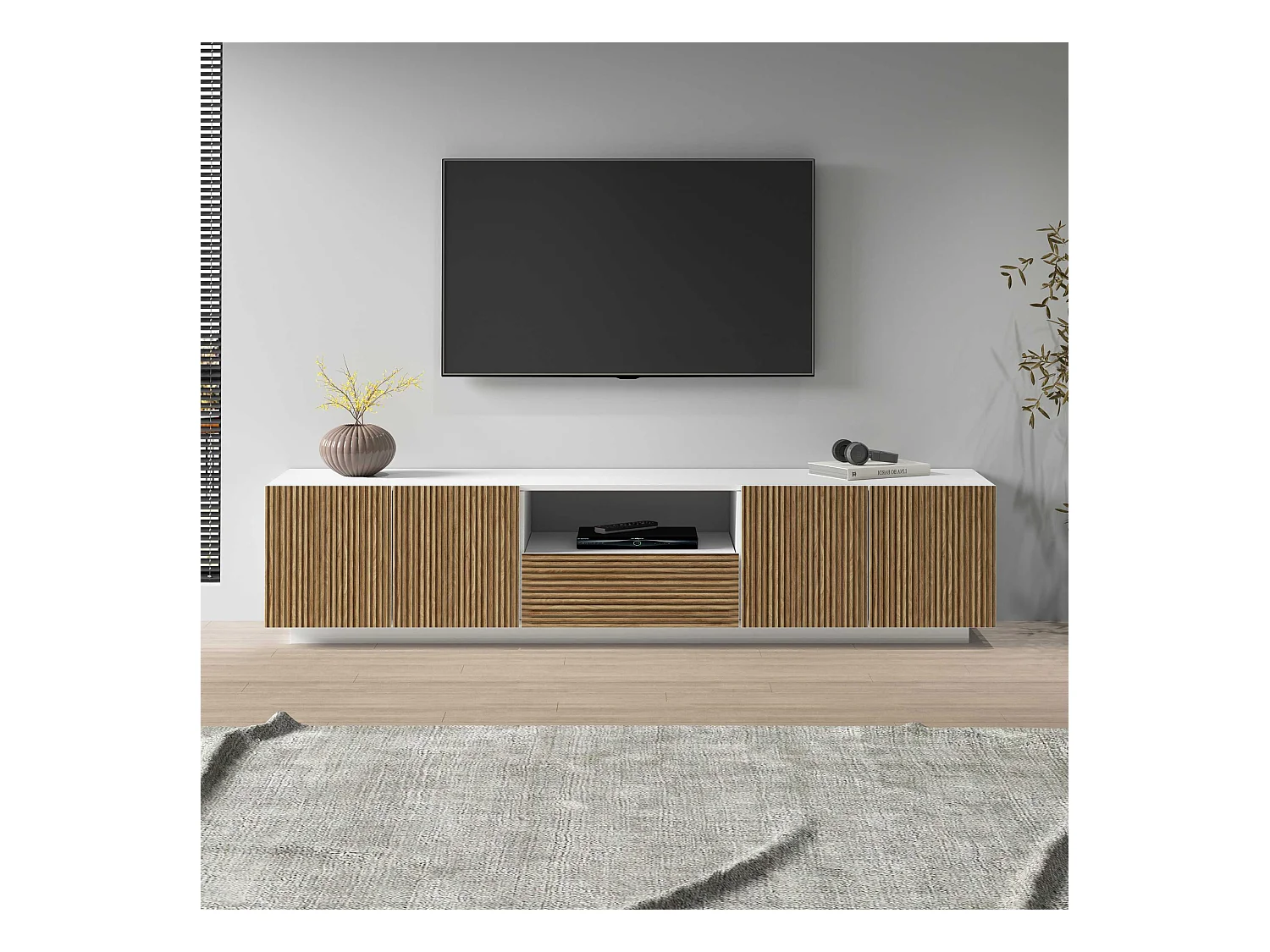 Mobile porta tv Coste a 4 ante 1 cassetto e 1 vano bianco/legno chiaro 220,1x43x46 cm