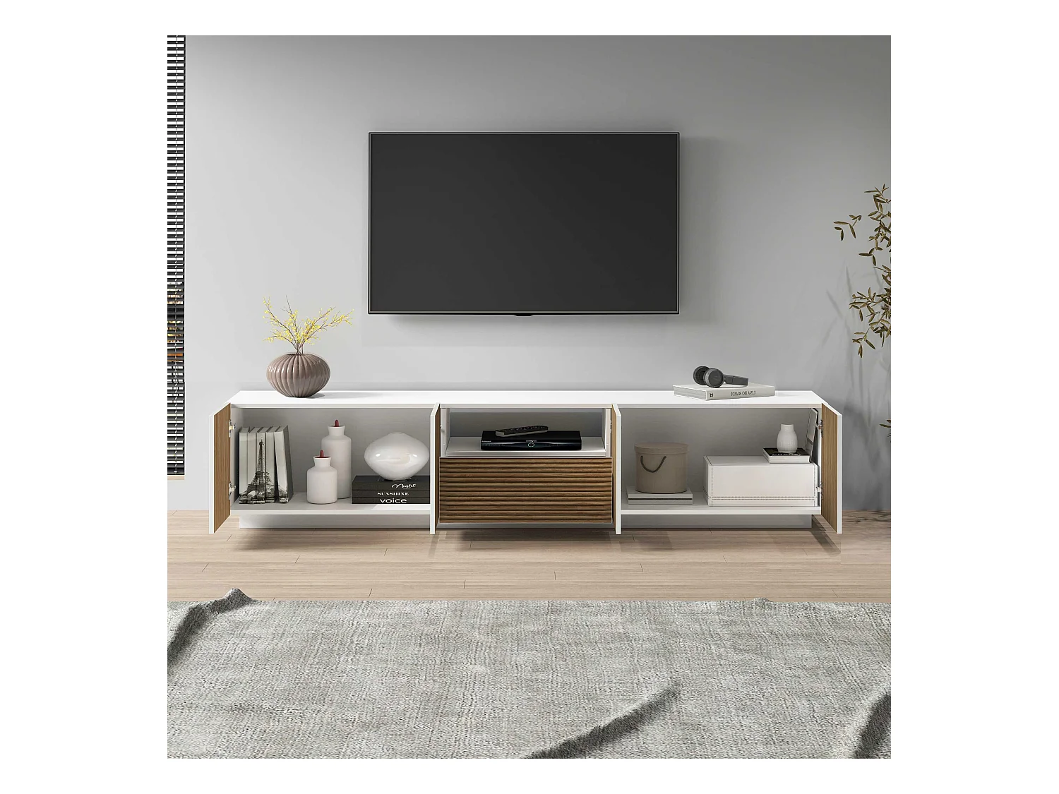 Mobile porta tv Coste a 4 ante 1 cassetto e 1 vano bianco/legno chiaro 220,1x43x46 cm