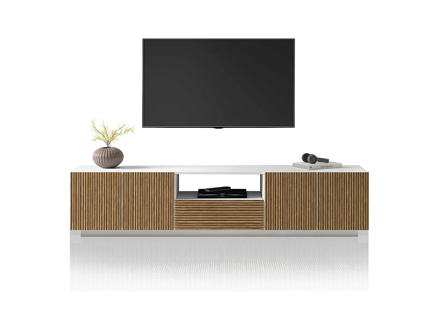 Mobile porta tv Coste a 4 ante 1 cassetto e 1 vano bianco/legno chiaro 220,1x43x46 cm