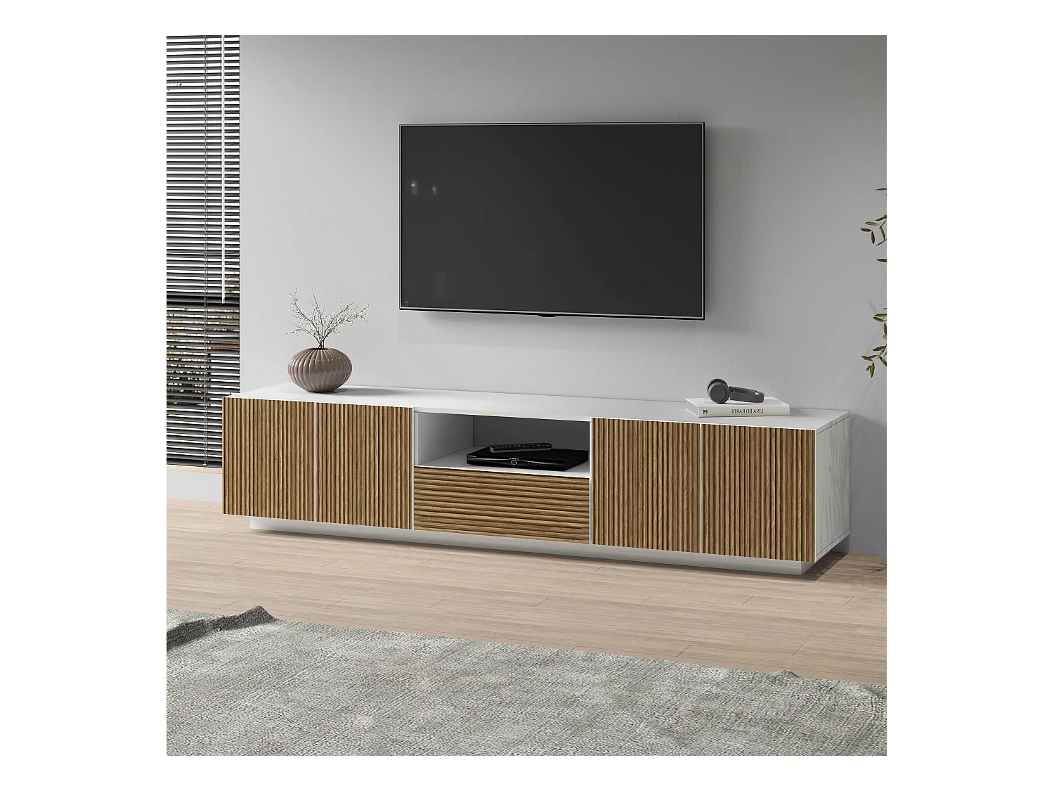 Mobile porta tv Coste a 4 ante 1 cassetto e 1 vano bianco/legno chiaro 220,1x43x46 cm