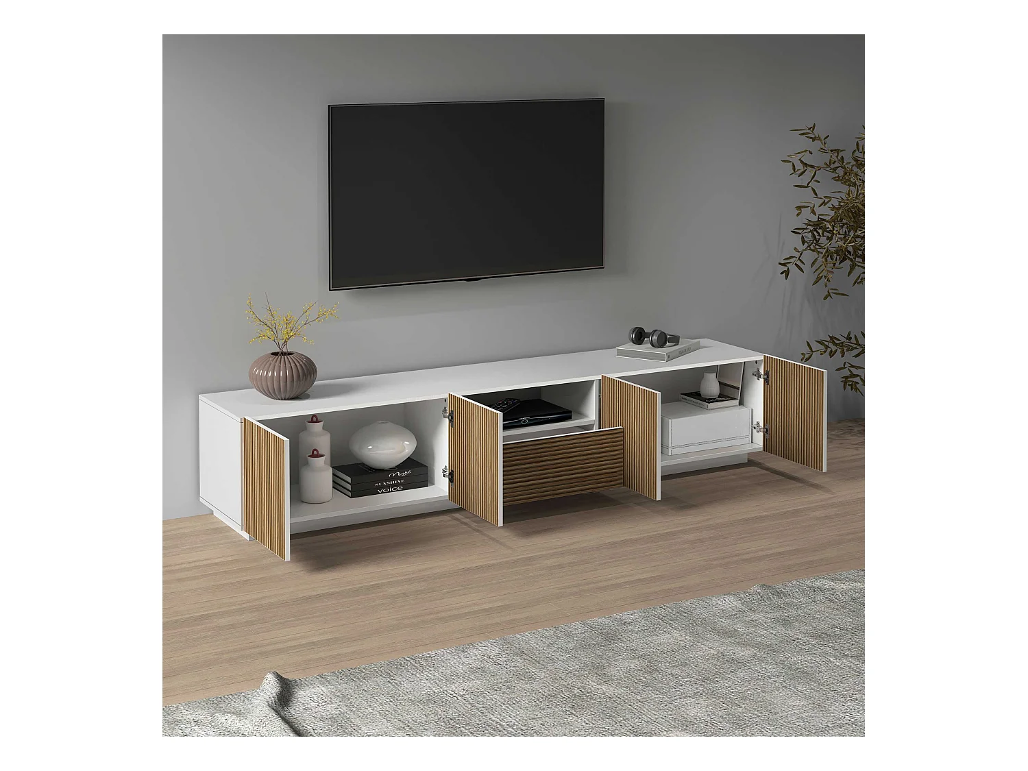 Mobile porta tv Coste a 4 ante 1 cassetto e 1 vano bianco/legno chiaro 220,1x43x46 cm