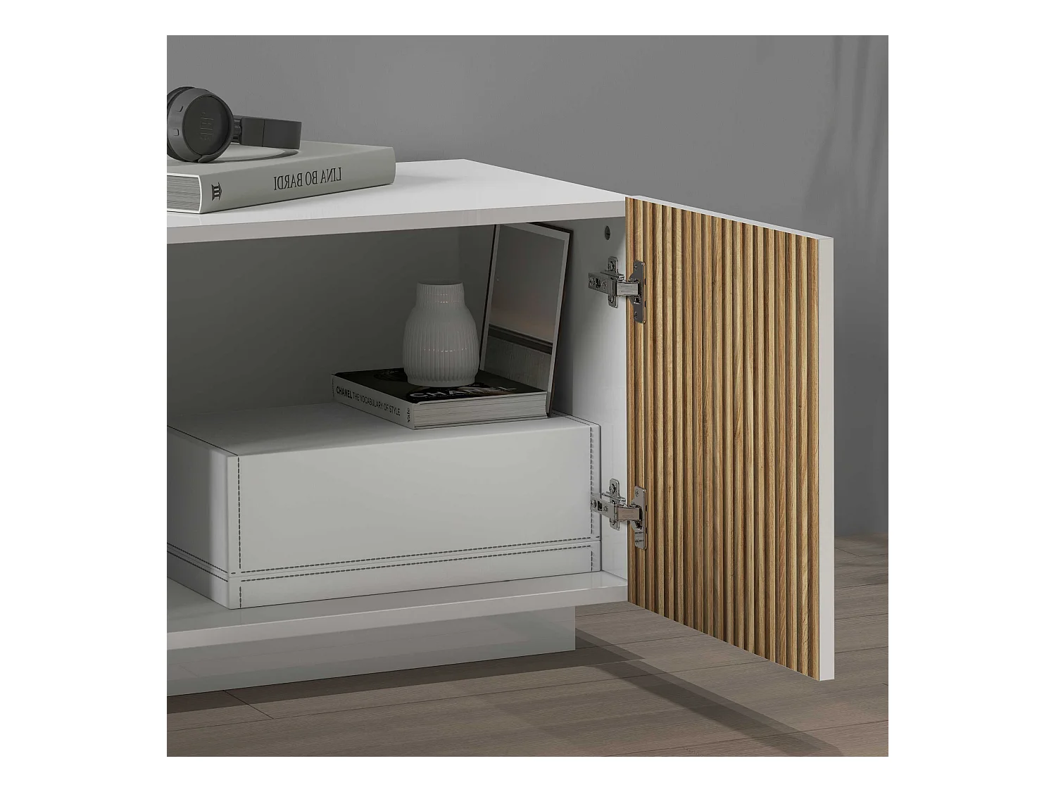 Mobile porta tv Coste a 4 ante 1 cassetto e 1 vano bianco/legno chiaro 220,1x43x46 cm