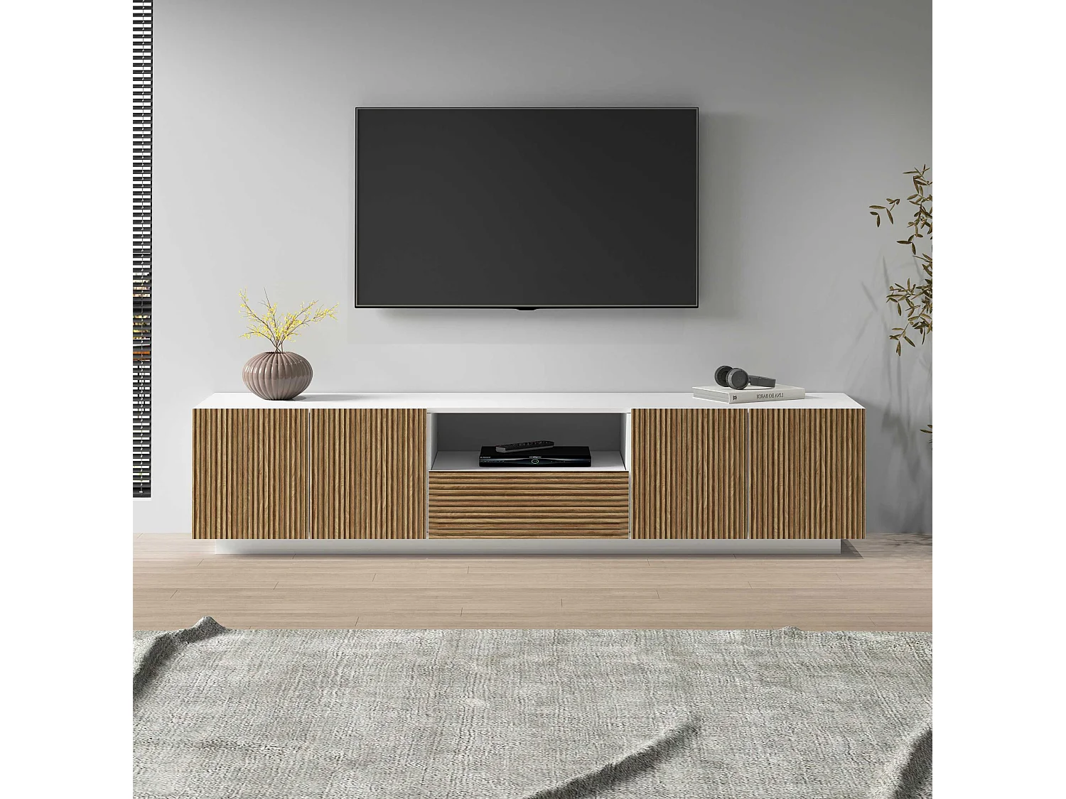 Mobile porta tv Coste a 4 ante 1 cassetto e 1 vano bianco/legno chiaro 220,1x43x46 cm