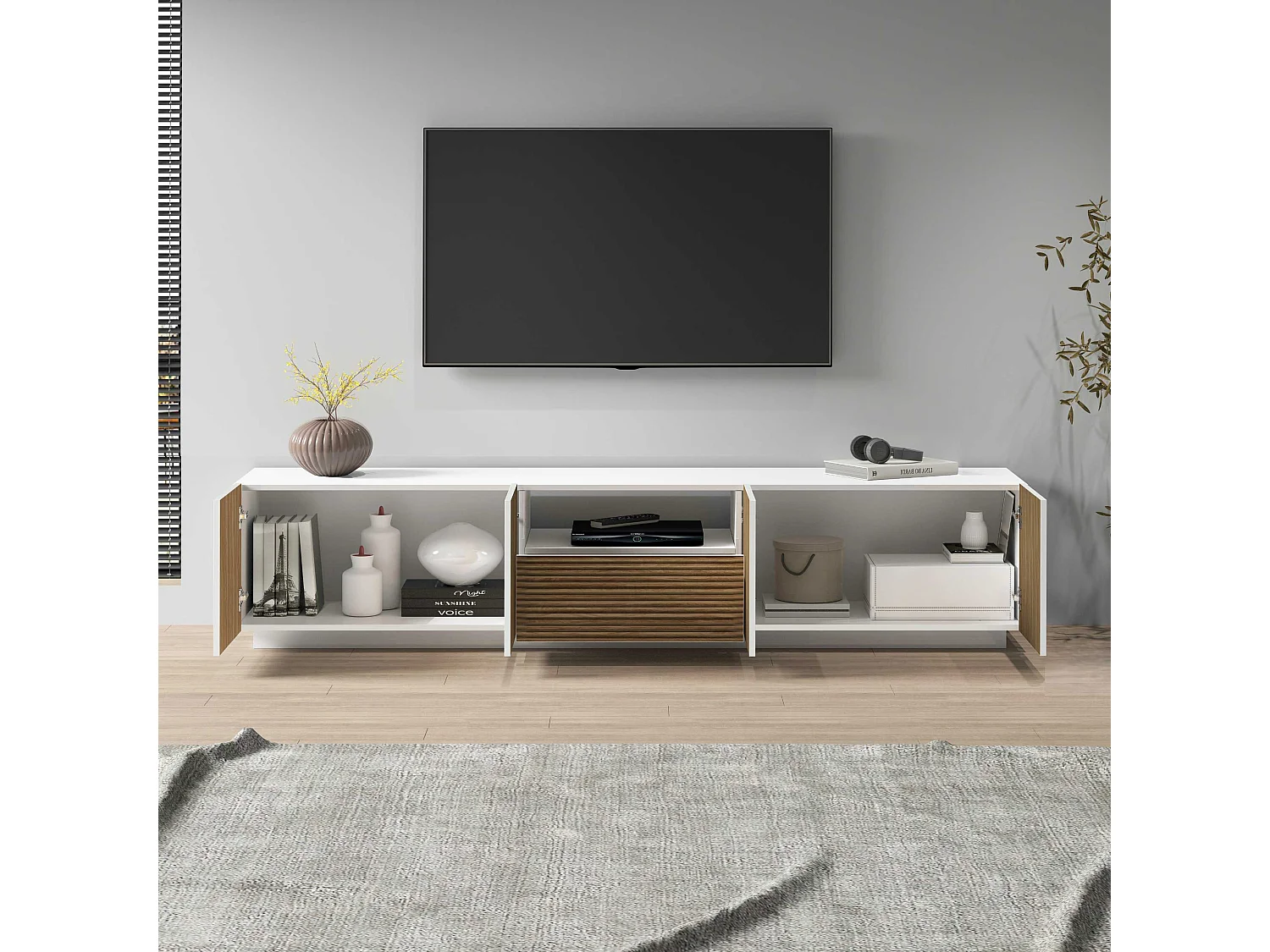 Mobile porta tv Coste a 4 ante 1 cassetto e 1 vano bianco/legno chiaro 220,1x43x46 cm