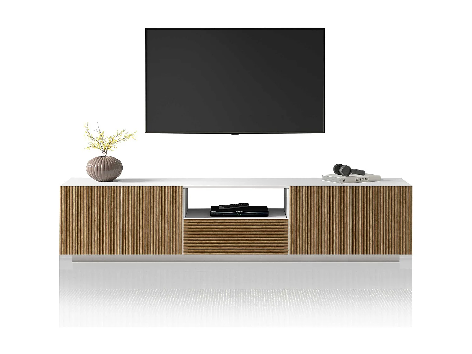 Mobile porta tv Coste a 4 ante 1 cassetto e 1 vano bianco/legno chiaro 220,1x43x46 cm