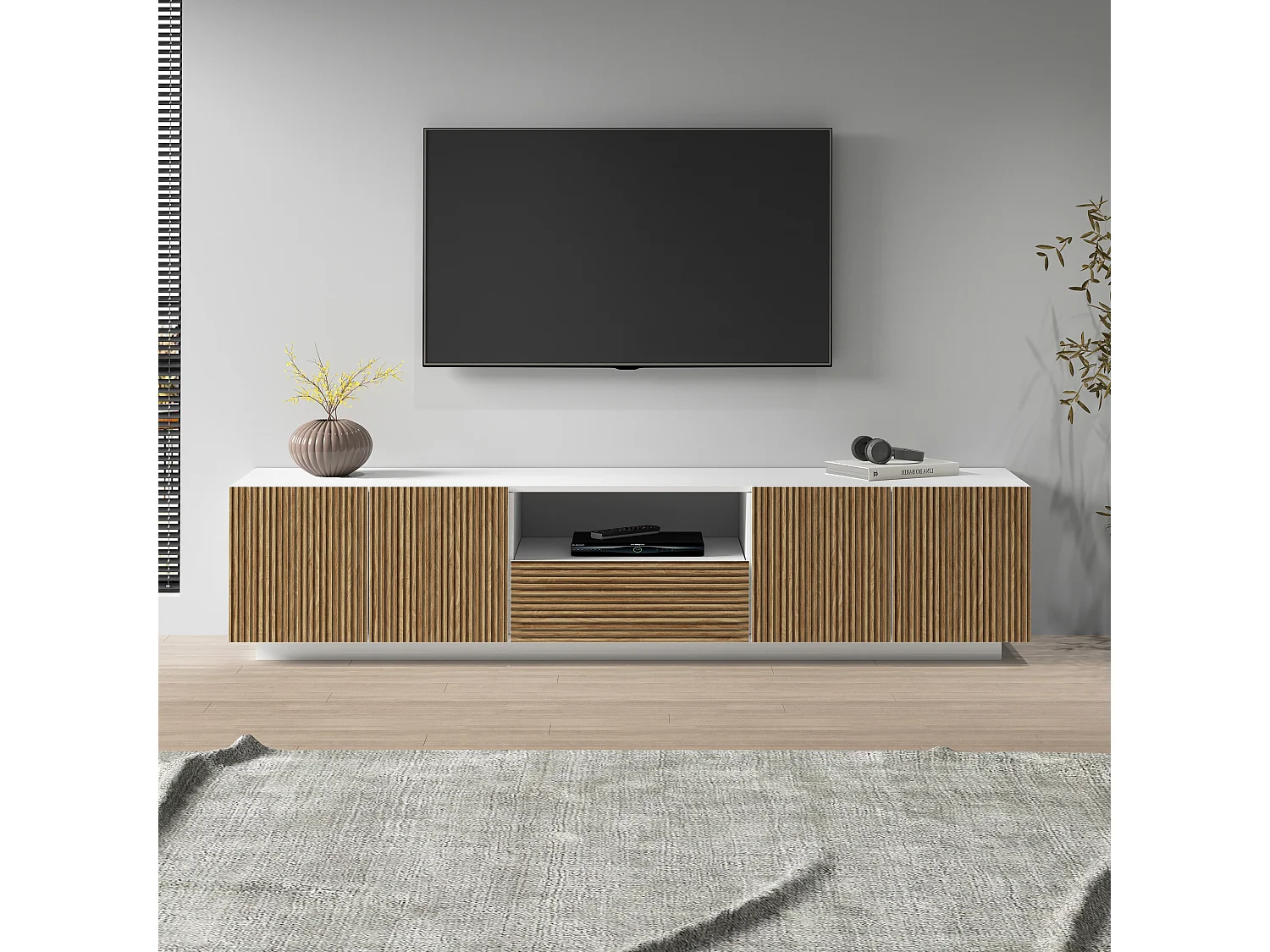Mueble TV Coste con 4 puertas, 1 cajón y 1 compartimento blanco/madera clara 220,1x43x46 cm
