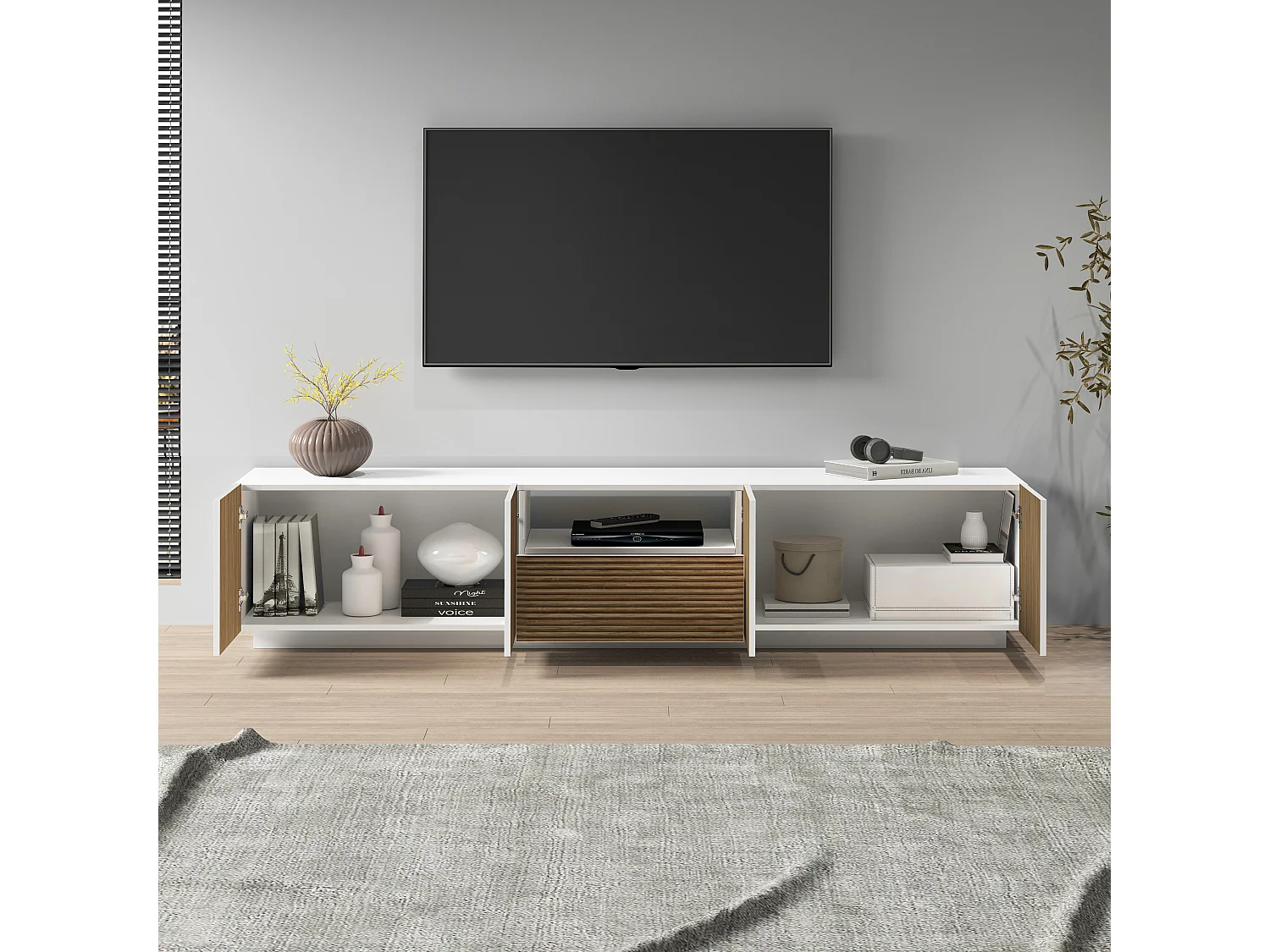 Mueble TV Coste con 4 puertas, 1 cajón y 1 compartimento blanco/madera clara 220,1x43x46 cm